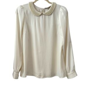 Pearl-Trim Cream Long-Sleeve Women's Blouse